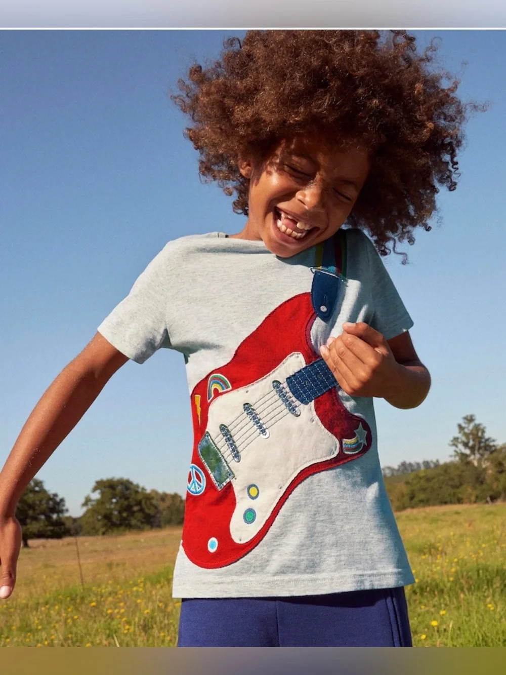 MINI BODEN Grey 100% Cotton Front and Back Guitar Appliqué Tee - 2-3Y